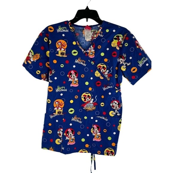 Disney Halloween Mickey Minnie Mouse Scrub Top Woman's Small Donald Duck Blue - Picture 1 of 3